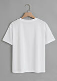 Unisex Oversize Bisiklet Yaka Balloon Astronaut Baskılı Basic T-Shirt - BEYAZ