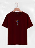 Unisex Oversize Bisiklet Yaka Balloon Astronaut Baskılı Basic T-Shirt - BORDO