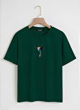 Unisex Oversize Bisiklet Yaka Balloon Astronaut Baskılı Basic T-Shirt - KOYU YEŞİL