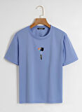 Unisex Oversize Bisiklet Yaka Balloon Astronaut Baskılı Basic T-Shirt - MAVİ