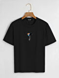 Unisex Oversize Bisiklet Yaka Balloon Astronaut Baskılı Basic T-Shirt - SİYAH