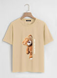 Unisex Oversize Bisiklet Yaka Are You Ok Honey Baskılı Basic T-Shirt - BEJ