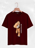 Unisex Oversize Bisiklet Yaka Are You Ok Honey Baskılı Basic T-Shirt - BORDO