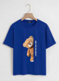 Unisex Oversize Bisiklet Yaka Are You Ok Honey Baskılı Basic T-Shirt - SAKS MAVİSİ
