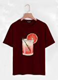 Unisex Oversize Bisiklet Yaka Orange Cocktail Baskılı Basic T-Shirt - BORDO