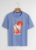 Unisex Oversize Bisiklet Yaka Orange Cocktail Baskılı Basic T-Shirt - MAVİ