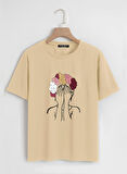 Unisex Oversize Bisiklet Yaka Colorful Hair Baskılı Basic T-Shirt - BEJ