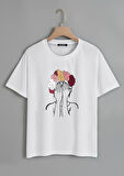 Unisex Oversize Bisiklet Yaka Colorful Hair Baskılı Basic T-Shirt - BEYAZ