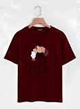 Unisex Oversize Bisiklet Yaka Colorful Hair Baskılı Basic T-Shirt - BORDO