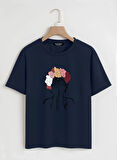 Unisex Oversize Bisiklet Yaka Colorful Hair Baskılı Basic T-Shirt - LACİVERT