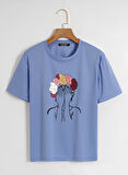 Unisex Oversize Bisiklet Yaka Colorful Hair Baskılı Basic T-Shirt - MAVİ
