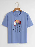Unisex Oversize Bisiklet Yaka Colorful Hair Baskılı Basic T-Shirt - MAVİ