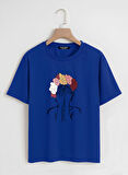 Unisex Oversize Bisiklet Yaka Colorful Hair Baskılı Basic T-Shirt - SAKS MAVİSİ