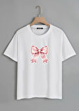 Unisex Oversize Bisiklet Yaka Powder Pink Ribbon Baskılı Basic T-Shirt - BEYAZ