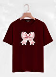 Unisex Oversize Bisiklet Yaka Powder Pink Ribbon Baskılı Basic T-Shirt - BORDO
