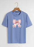 Unisex Oversize Bisiklet Yaka Powder Pink Ribbon Baskılı Basic T-Shirt - MAVİ