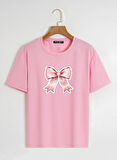 Unisex Oversize Bisiklet Yaka Powder Pink Ribbon Baskılı Basic T-Shirt - PEMBE