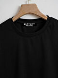 Unisex Oversize Bisiklet Yaka Powder Pink Ribbon Baskılı Basic T-Shirt - SİYAH