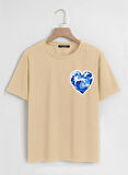 Unisex Oversize Bisiklet Yaka Ocean Heart Baskılı Basic T-Shirt - BEJ