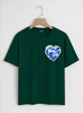 Unisex Oversize Bisiklet Yaka Ocean Heart Baskılı Basic T-Shirt - KOYU YEŞİL
