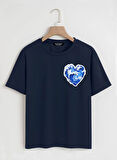 Unisex Oversize Bisiklet Yaka Ocean Heart Baskılı Basic T-Shirt - LACİVERT