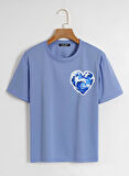 Unisex Oversize Bisiklet Yaka Ocean Heart Baskılı Basic T-Shirt - MAVİ