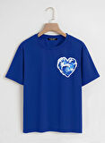 Unisex Oversize Bisiklet Yaka Ocean Heart Baskılı Basic T-Shirt - SAKS MAVİSİ