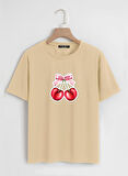 Unisex Oversize Bisiklet Yaka Ribbon Cherry Baskılı Basic T-Shirt - BEJ