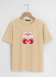 Unisex Oversize Bisiklet Yaka Ribbon Cherry Baskılı Basic T-Shirt - BEJ