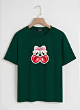 Unisex Oversize Bisiklet Yaka Ribbon Cherry Baskılı Basic T-Shirt - KOYU YEŞİL