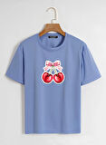 Unisex Oversize Bisiklet Yaka Ribbon Cherry Baskılı Basic T-Shirt - MAVİ