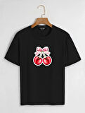 Unisex Oversize Bisiklet Yaka Ribbon Cherry Baskılı Basic T-Shirt - SİYAH