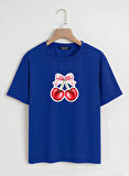 Unisex Oversize Bisiklet Yaka Ribbon Cherry Baskılı Basic T-Shirt - SAKS MAVİSİ