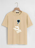Unisex Oversize Bisiklet Yaka Hang Loose Baskılı Basic T-Shirt - BEJ