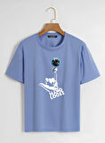 Unisex Oversize Bisiklet Yaka Hang Loose Baskılı Basic T-Shirt - MAVİ