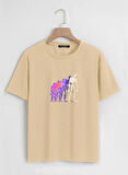 Unisex Oversize Bisiklet Yaka Colorful Skeleton Baskılı Basic T-Shirt - BEJ