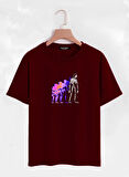Unisex Oversize Bisiklet Yaka Colorful Skeleton Baskılı Basic T-Shirt - BORDO