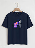 Unisex Oversize Bisiklet Yaka Colorful Skeleton Baskılı Basic T-Shirt - LACİVERT