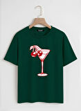 Unisex Oversize Bisiklet Yaka Cherry Cocktail Baskılı Basic T-Shirt - KOYU YEŞİL