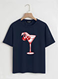 Unisex Oversize Bisiklet Yaka Cherry Cocktail Baskılı Basic T-Shirt - LACİVERT
