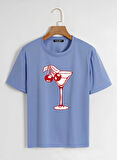 Unisex Oversize Bisiklet Yaka Cherry Cocktail Baskılı Basic T-Shirt - MAVİ