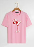 Unisex Oversize Bisiklet Yaka Cherry Cocktail Baskılı Basic T-Shirt - PEMBE
