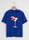 Unisex Oversize Bisiklet Yaka Cherry Cocktail Baskılı Basic T-Shirt - SAKS MAVİSİ