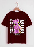 Unisex Oversize Bisiklet Yaka Freedom Baskılı Basic T-Shirt - BORDO