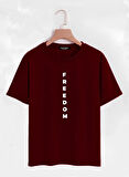 Unisex Oversize Bisiklet Yaka Freedom Baskılı Basic T-Shirt - BORDO