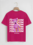 Unisex Oversize Bisiklet Yaka Freedom Baskılı Basic T-Shirt - FUŞYA