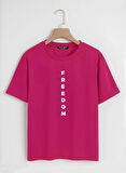 Unisex Oversize Bisiklet Yaka Freedom Baskılı Basic T-Shirt - FUŞYA