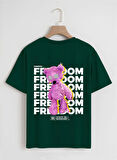 Unisex Oversize Bisiklet Yaka Freedom Baskılı Basic T-Shirt - KOYU YEŞİL