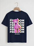 Unisex Oversize Bisiklet Yaka Freedom Baskılı Basic T-Shirt - LACİVERT