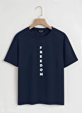 Unisex Oversize Bisiklet Yaka Freedom Baskılı Basic T-Shirt - LACİVERT